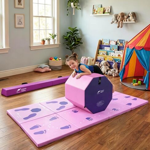 Kangaroo Hoppers Gymnastics Octagon Tumble Mat for Kids Ages 3-12, 2 Sizes High-Density EPE Foam Trainer, Backbend and Handspring Training Equipment for Home Gym, Portable with Carrying Handles in Saudi Arabia