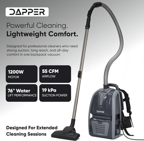 Dapper مكنسة كهربائية على ظهره تجارية خفيفة الوزن 11 رطل 6 كيو تي مكنسة ظهر مع فلتر HEPA 2 في 1 مكنسة كهربائية ومنفاخ 50 قدم سلك 1200 واط للأرضيات الصلبة وسلالم السجاد والمساحات الضيقة in Kuwait