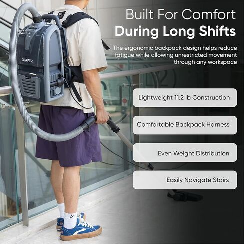 Dapper مكنسة كهربائية على ظهره تجارية خفيفة الوزن 11 رطل 6 كيو تي مكنسة ظهر مع فلتر HEPA 2 في 1 مكنسة كهربائية ومنفاخ 50 قدم سلك 1200 واط للأرضيات الصلبة وسلالم السجاد والمساحات الضيقة in Kuwait