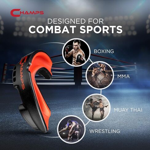 واقي الفم Champs MMA جيد التهوية للملاكمة، الفنون القتالية المختلطة، جيو جيتسو، الملاكمة التايلاندية، المصارعة والرياضات القتالية - قطعة فم بتصميم سهل الارتداء والغليان - واقي فم ملاكمة متين للرجال والكبار، يتضمن الجراب in Kuwait