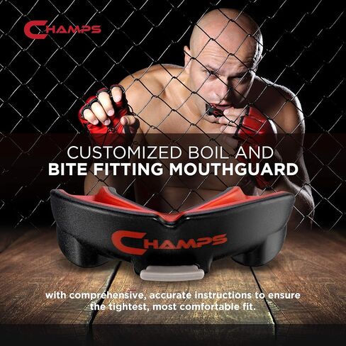 واقي الفم Champs MMA جيد التهوية للملاكمة، الفنون القتالية المختلطة، جيو جيتسو، الملاكمة التايلاندية، المصارعة والرياضات القتالية - قطعة فم بتصميم سهل الارتداء والغليان - واقي فم ملاكمة متين للرجال والكبار، يتضمن الجراب in Kuwait