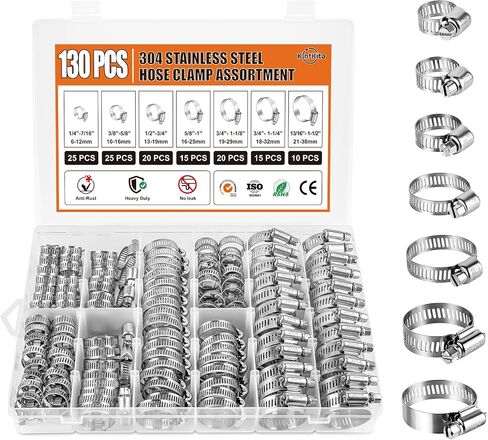 Hose Clamp Assortment Kit 130 PCS, 304 Stainless Steel Hose Clamps 1/4''–1-1/2'' Worm Gear Clamps Pipe Clamp for Auto, Radiator, Fuel Line, Duct,Tube in Kuwait