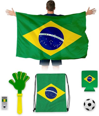 G128 World Soccer Tournament 2026 Cup Soccer Fan Set 6PCS, Brazil Fan Merch with Flag and Koozie, Accessories for Sports Parties in Kuwait