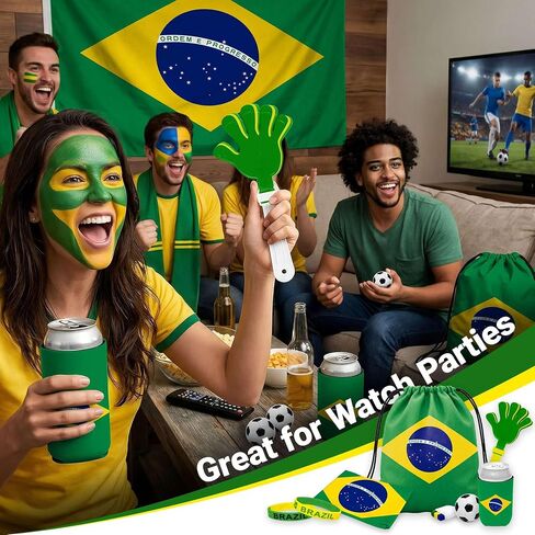 G128 World Soccer Tournament 2026 Cup Soccer Fan Set 6PCS, Brazil Fan Merch with Flag and Koozie, Accessories for Sports Parties in Kuwait