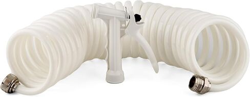 T-H Marine 25 ft Washdown Hose Kit - 1/2 Inch Coiled Poly Hose, White - Brass Quick Connect Ends - White Pistol Grip Nozzle - UV and Chemical Resistant in Kuwait
