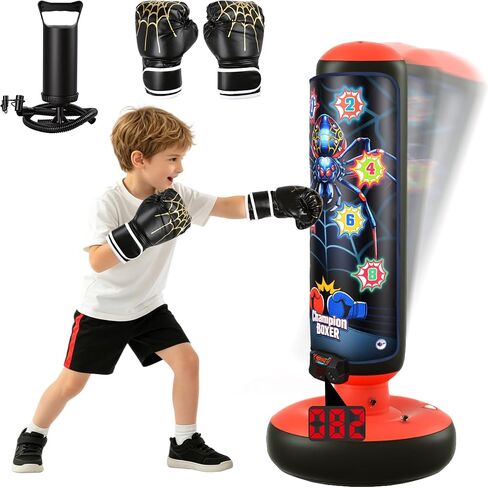 Kids Inflatable Punching Bag with Electronic Score Counter Music Lights 4 Game Modes, Complete Boxing Set with Gloves Air Pump, Indoor Outdoor Martial Arts Toy Gift for Boys Girls 4-12 in Kuwait