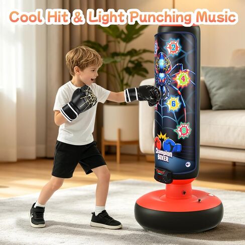 Kids Inflatable Punching Bag with Electronic Score Counter Music Lights 4 Game Modes, Complete Boxing Set with Gloves Air Pump, Indoor Outdoor Martial Arts Toy Gift for Boys Girls 4-12 in Kuwait