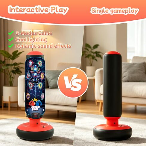 Kids Inflatable Punching Bag with Electronic Score Counter Music Lights 4 Game Modes, Complete Boxing Set with Gloves Air Pump, Indoor Outdoor Martial Arts Toy Gift for Boys Girls 4-12 in Kuwait