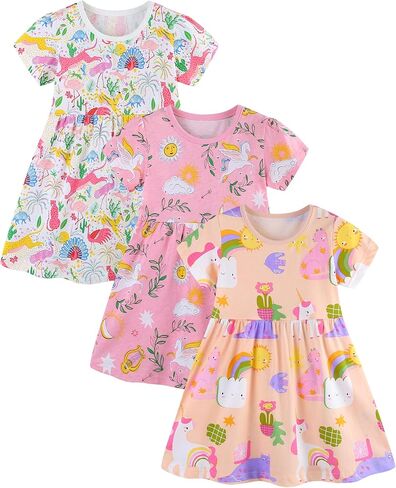 BeiVSlley Toddler Girls Dresses 3-Pack | Cotton Short Sleeve Summer Dress with Twirl Skirt | Cute Cartoon Sundress 2-7T in Saudi Arabia