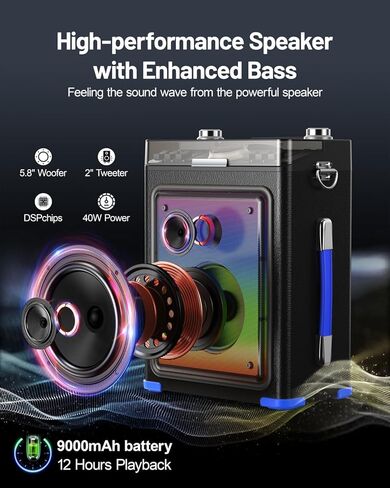 Metfut Professional Karaoke Machine for adults with Bluetooth 5.3, 2 Wireless Mics, Portable Wooden Speaker PA System with Bass/Treble Adjustment for Backyard, Home Parties and Camping-Blue in Saudi Arabia
