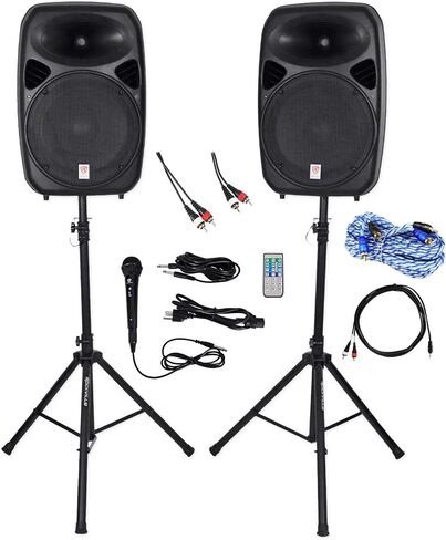 Rockville RPG152K Bundle: Dual 15" Powered DJ/PA Speakers with Bluetooth/USB/SD for Phone/Laptop/TV, RTR172 17-Ft 2-Channel Twisted Pair RCA Cable, RNRMR10 10-Ft 3.5mm TRS to Dual RCA Cable, 3-Items in Kuwait