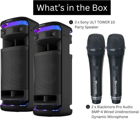 Sony SRSULT1000 ULT Tower 10 Party Speaker (Black, 2-Pack) Bundle with Pro Audio BMP-4 Wired Unidirectional Dynamic Microphone (Black, 2-Pack) (4 Items) in Kuwait