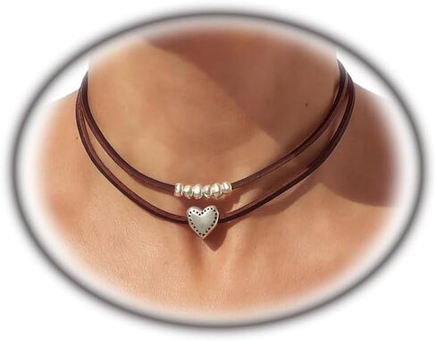 Bohemian Heart Beaded Suede Choker Necklace for Women Trendy Brown Leather Double Layered Adjustable Necklace Retro Beach Holiday Vacation Jewelry Gifts in Kuwait