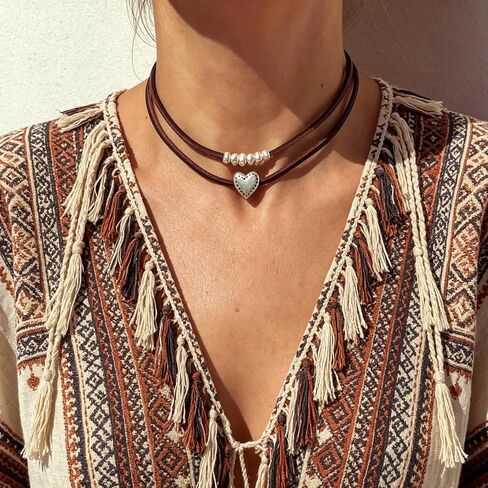 Bohemian Heart Beaded Suede Choker Necklace for Women Trendy Brown Leather Double Layered Adjustable Necklace Retro Beach Holiday Vacation Jewelry Gifts in Kuwait