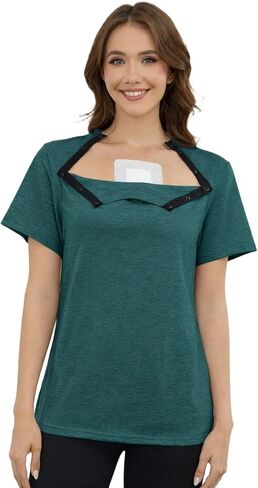 Chemo Shirts for Port Access Women Short Sleeve Front Snap Adaptive Top Post Shoulder Surgery Recovery Clothing in Kuwait