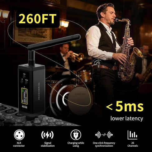 Saxophone Wireless Microphone System for Clarinet, Brass Instrument | UHF, 260FT Range, 360° Rotatable Clip-on Mic, XLR Adapter, Low Latency Transmitter & Receiver, F40S in Kuwait