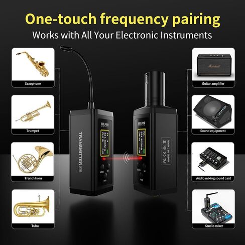 Saxophone Wireless Microphone System for Clarinet, Brass Instrument | UHF, 260FT Range, 360° Rotatable Clip-on Mic, XLR Adapter, Low Latency Transmitter & Receiver, F40S in Kuwait
