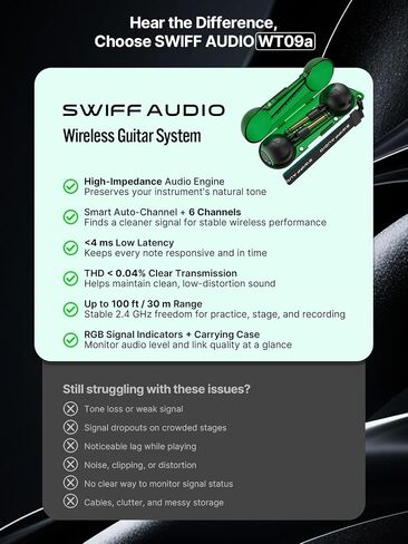 SWIFF Audio WT09 Wireless Guitar System - 2.4GHz Guitar Transmitter Receiver with Smart Auto Pairing During 6 Channels, <4ms Latency, 100ft Range, High-Impedance Engine, RGB Indicator & Case in Kuwait