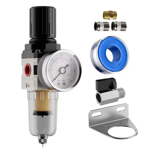 DaierTek 1/4" NPT Air Compressor Filter Regulator Combo, 5 Micron Brass Filter Element, Water Oil Separator with 0-150 PSI Gauge, Metal Bracket, Brass Fittings, Air Fittings, Thread Seal Tape in Kuwait