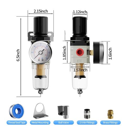 DaierTek 1/4" NPT Air Compressor Filter Regulator Combo, 5 Micron Brass Filter Element, Water Oil Separator with 0-150 PSI Gauge, Metal Bracket, Brass Fittings, Air Fittings, Thread Seal Tape in Kuwait