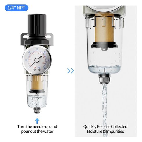 DaierTek 1/4" NPT Air Compressor Filter Regulator Combo, 5 Micron Brass Filter Element, Water Oil Separator with 0-150 PSI Gauge, Metal Bracket, Brass Fittings, Air Fittings, Thread Seal Tape in Kuwait
