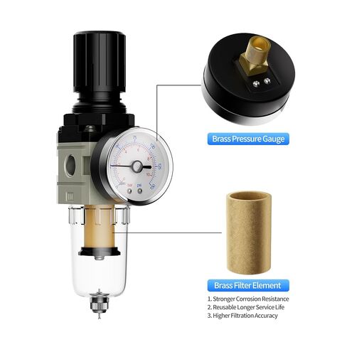 DaierTek 1/4" NPT Air Compressor Filter Regulator Combo, 5 Micron Brass Filter Element, Water Oil Separator with 0-150 PSI Gauge, Metal Bracket, Brass Fittings, Air Fittings, Thread Seal Tape in Kuwait