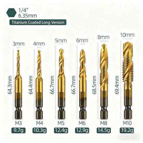 6PCS Hex Shank Combination Drill and Tap Set, Spiral Thread Taper Composite Drilling Screw Tapping Tool Set Kit in Kuwait
