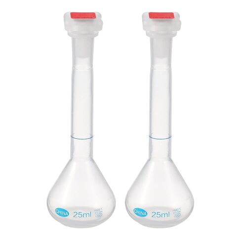 PATIKIL 2Pcs 500ml Volumetric Flask, Polypropylene Graduated Volumetric Measuring Flask with Red Plug Cap Tolerance 0.5ml for Laboratory Science Experiment, Clear in Kuwait