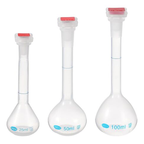 PATIKIL 3Pcs Volumetric Flask, 25ml, 50ml, 100ml Polypropylene Graduated Volumetric Measuring Flask with Red Plug Cap Tolerance 0.3ml for Laboratory Science Experiment, Clear in Kuwait