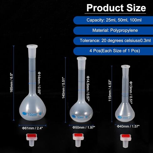 PATIKIL 3Pcs Volumetric Flask, 25ml, 50ml, 100ml Polypropylene Graduated Volumetric Measuring Flask with Red Plug Cap Tolerance 0.3ml for Laboratory Science Experiment, Clear in Kuwait