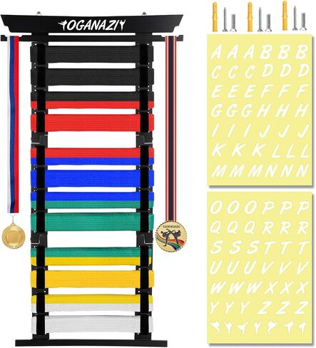12 Belts Karate Belt Display Rack with Stickers, Detachable Taekwondo Belt Display Holder with Side Medal Rack, Easy Assembly Martial Arts Belts Holder for BJJ, Jiu Jitsu, TKD Learners in Kuwait