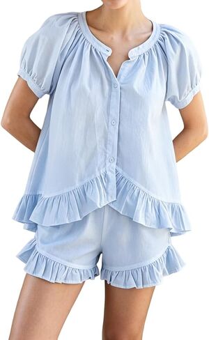 Womens Ruffle Pajama تعيين زر قصير الأكمام لأسفل من أعلى وسروال شورت القطن 2 قطعة قصيرة in Kuwait