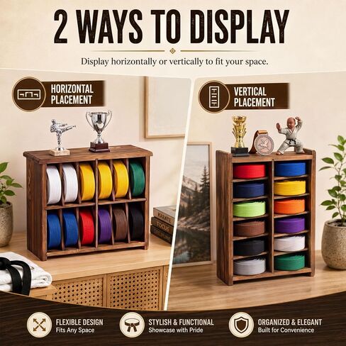 Junkin 12 مقصورة حزام الكاراتيه عرض الرف فنون الدفاع عن النفس التايكوندو الخشب ريفي الحائط منظم تخزين الحزام مع حامل مثبت على الحائط في جبل أفقي أو عمودي in Kuwait