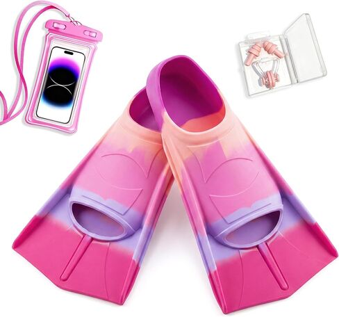 Kids Swim Fins - Youth Short Training Flippers for Lap Swimming,Durable Silicone Rubber Material for Boys Girls Toddlers Beginners with Waterproof Phone Pouch & Ear Plugs & Nose Clip Set in Kuwait