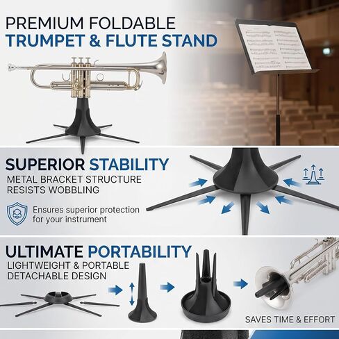 Trumpet Stand, Foldable Removable Metal Bracket with Rotating Screws, Black Plastic Felt, Portable Stable Support Holder, 5 Legs, for Trumpet Flute in Kuwait