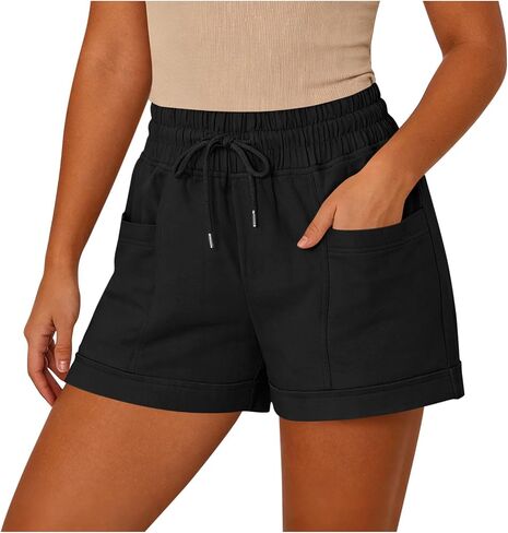 Womens Beach Shorts Drawstring Elastic High Waisted Casual Summer Shorts Comfy Vacation Clothes with Pockets in Kuwait