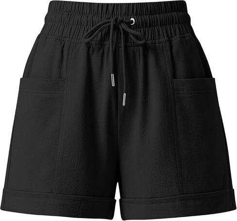 Womens Beach Shorts Drawstring Elastic High Waisted Casual Summer Shorts Comfy Vacation Clothes with Pockets in Kuwait
