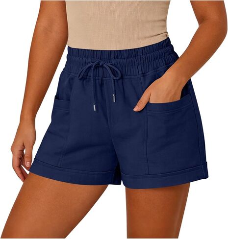 Womens Beach Shorts Drawstring Elastic High Waisted Casual Summer Shorts Comfy Vacation Clothes with Pockets in Kuwait