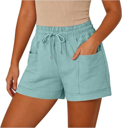 Womens Beach Shorts Drawstring Elastic High Waisted Casual Summer Shorts Comfy Vacation Clothes with Pockets in Kuwait