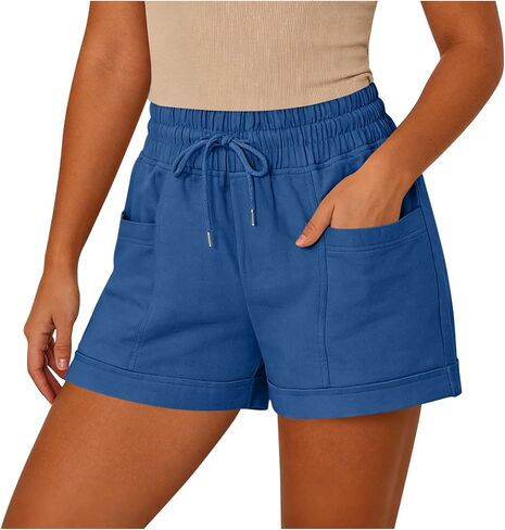Womens Beach Shorts Drawstring Elastic High Waisted Casual Summer Shorts Comfy Vacation Clothes with Pockets in Kuwait