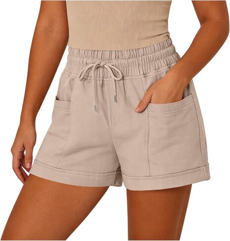 Womens Beach Shorts Drawstring Elastic High Waisted Casual Summer Shorts Comfy Vacation Clothes with Pockets in Kuwait