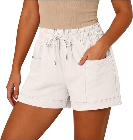 Womens Beach Shorts Drawstring Elastic High Waisted Casual Summer Shorts Comfy Vacation Clothes with Pockets in Kuwait