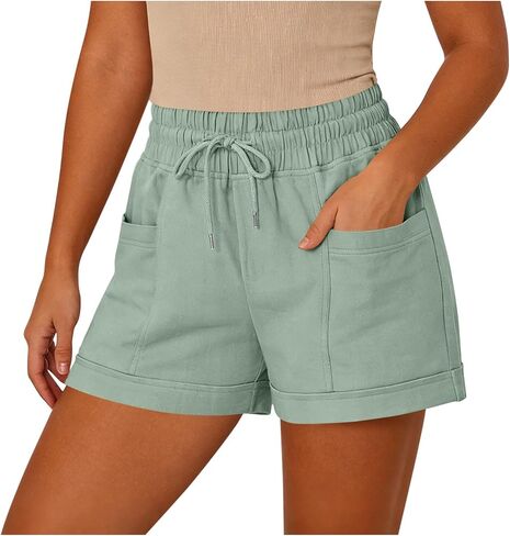 Womens Beach Shorts Drawstring Elastic High Waisted Casual Summer Shorts Comfy Vacation Clothes with Pockets in Kuwait
