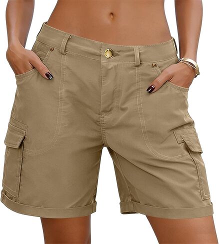 Womens Cargo Shorts 5 Inch Inseam Mid Rise Casual Wide Leg Button Streetwear Summer Hiking Work Shorts with Pockets in Kuwait