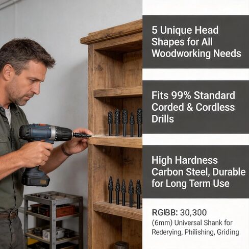 5PCS 1/4" 6mm Rotary Rasp Drill Bit Set for Wood, Drill Sanding Bits for Grinding Polishing Engraving, Home Improvement Woodworking Tools in Kuwait