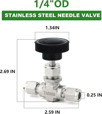 TAISHER 1PCS 316 Stainless Steel Compression Straight Needle Valve 1/4" x 1/4" Tube For Flow Control Water, Gas, Oil in Kuwait