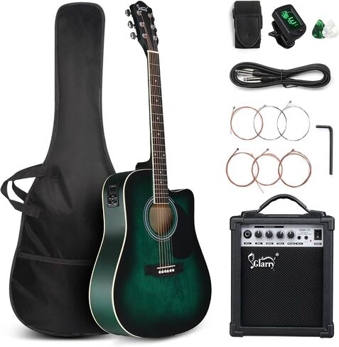 GLARRY Full Size 6 Strings Acoustic Electric Guitar Beginner Kit w/ 15W Amp, Cutaway 41 Inch Electric Acoustic Guitar w/Inbuilt Tuner, Bag, Strap, Picks, Strings, Basswood Guitarra, Distressed Black in Kuwait