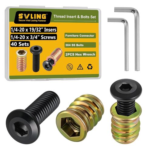 Threaded Inserts and Bolts Set, 40 Sets, 1/4-20 x 19/32" Threaded Inserts for Wood, 1/4-20 x 3/4" Furniture Screws, 1/4 Bolt Flat Head 304 Stainless Steel, Hex Socket Drive, 2Pcs Hex Wrench in Kuwait