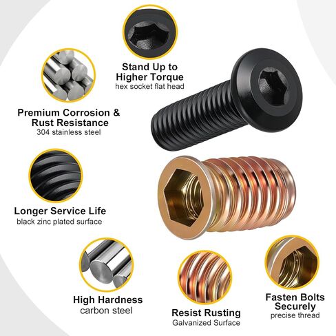 Threaded Inserts and Bolts Set, 40 Sets, 1/4-20 x 19/32" Threaded Inserts for Wood, 1/4-20 x 3/4" Furniture Screws, 1/4 Bolt Flat Head 304 Stainless Steel, Hex Socket Drive, 2Pcs Hex Wrench in Kuwait