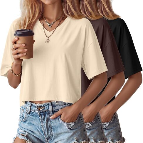 Ficerd 3 Pack Cotton Women's V Deck Crops Tops Half Sleeve Drop Counter Basics Bugped Top Boxy Tees for Girls in Kuwait